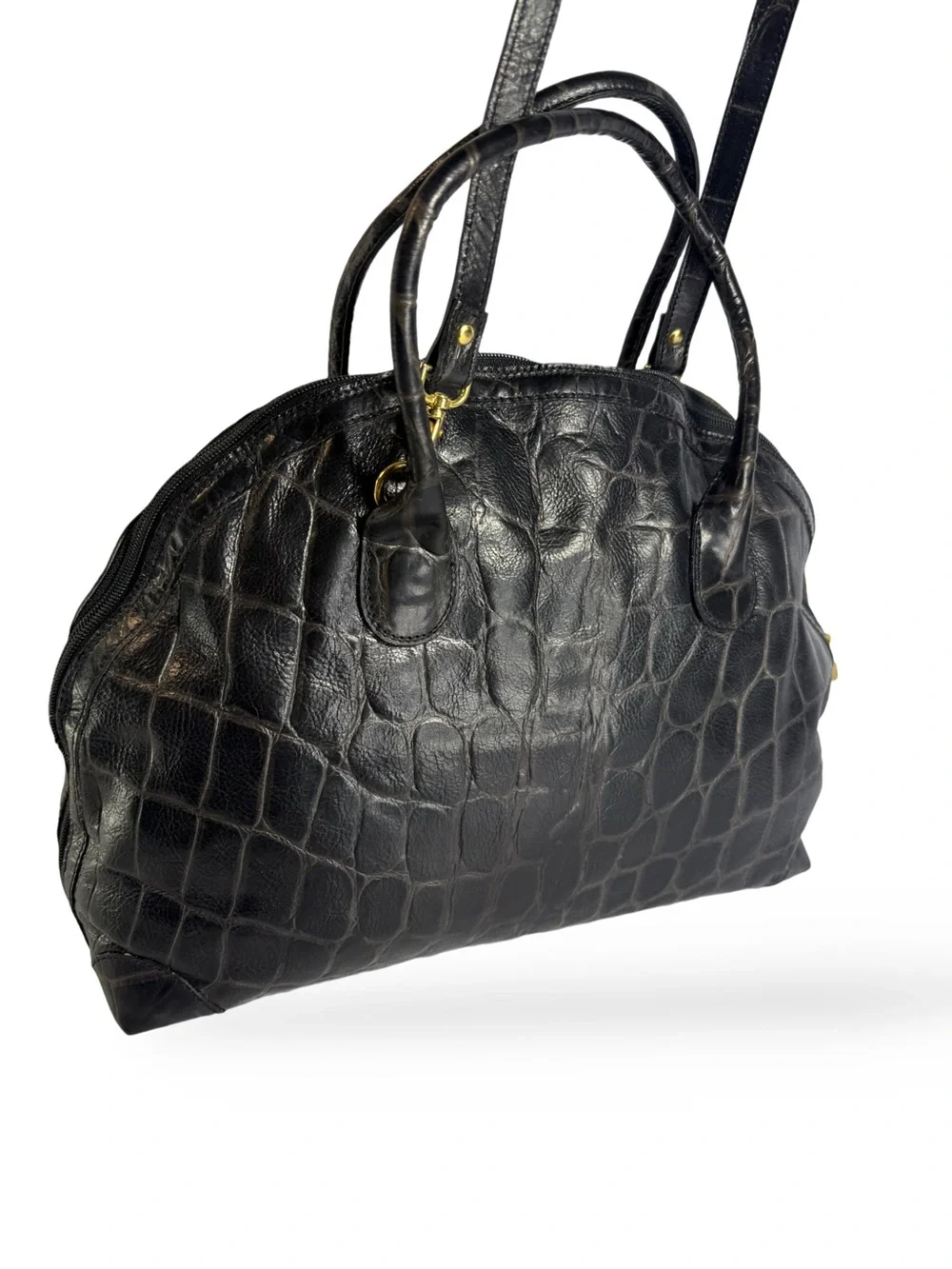 Black Croc-Embossed Dome Satchel with Dual Handles